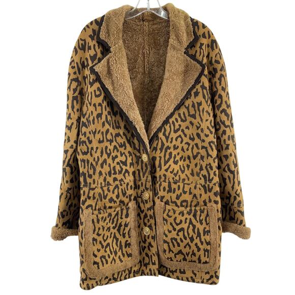 Valentino Vintage Tan/Black Leopard Print Leather Shearling Coat Women’s 14/L - Picture 1 of 6